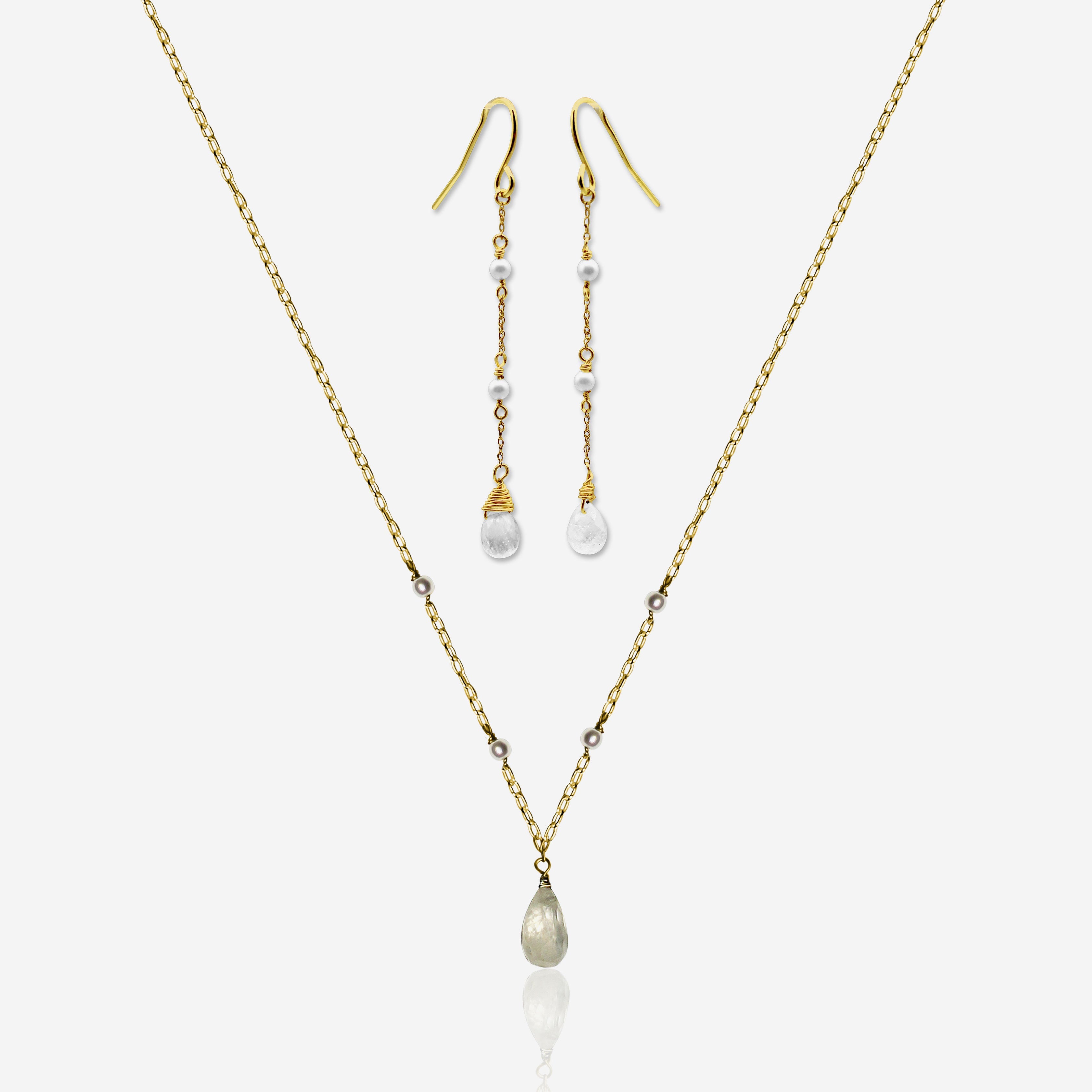 Moonstone Pearl Earrings & Necklace Set - 14K Gold Jewelry Gift