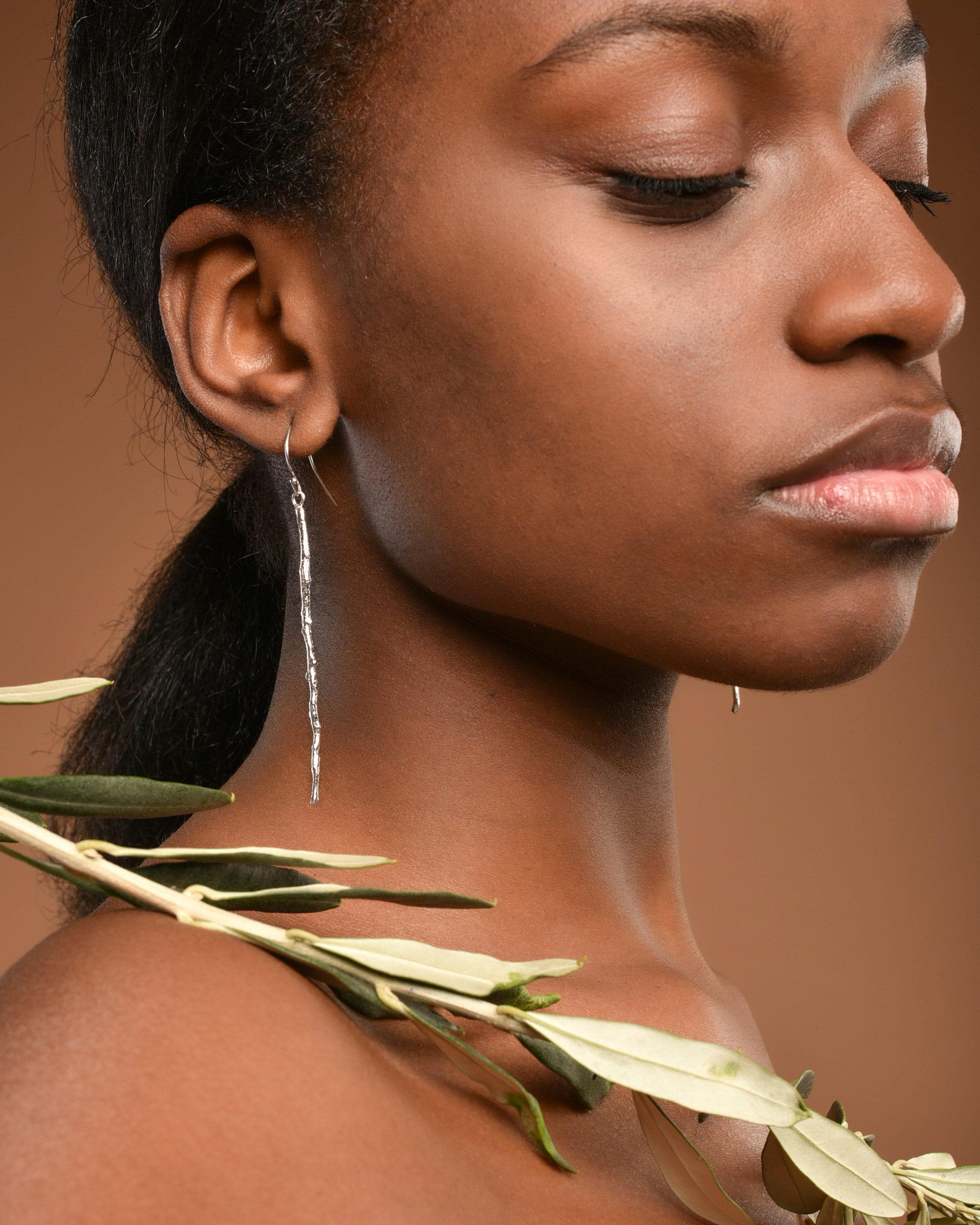 Olive Branch Earrings: Handmade Sterling Silver (Long, Thin Design)